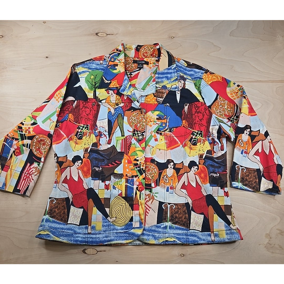 KAKTUS Jean Jacket Women XL Colorful Art To Wear Stretch Cotton - Picture 1 of 9